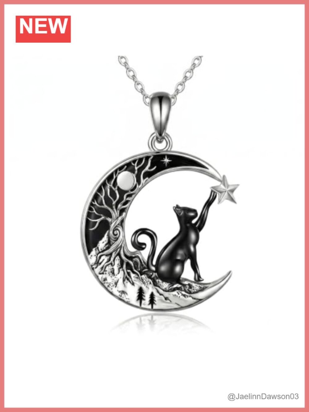 Cat Moon Pendant Necklace 18in Chain Lobster Clasp Women's Jewelry Gift